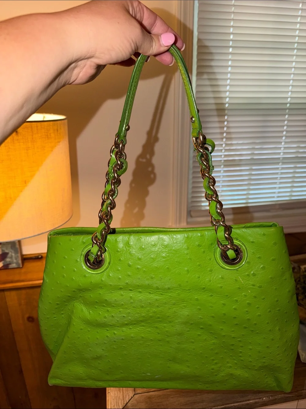 kate spade Lime Green Ostrich Textured Leather Chain-Handle Shoulder Bag
